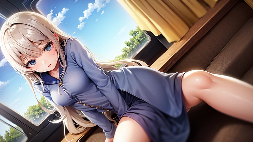 A young girl sits alone on a blue train, gripping a white book. The train's interior is bathed in a cool blue hue, with light wooden flooring and a large window revealing a cityscape outside. The girl's expression is one of deep concentration, as if she's lost in the pages of the book. She's wearing a blue sweater and a white skirt, with a beige backpack next to her on the bench. The window shows a city skyline, with the top of a tall building just visible. The weather outside appears to be sunny, with a few clouds scattered across the sky.#Makoto Shinkai's Style