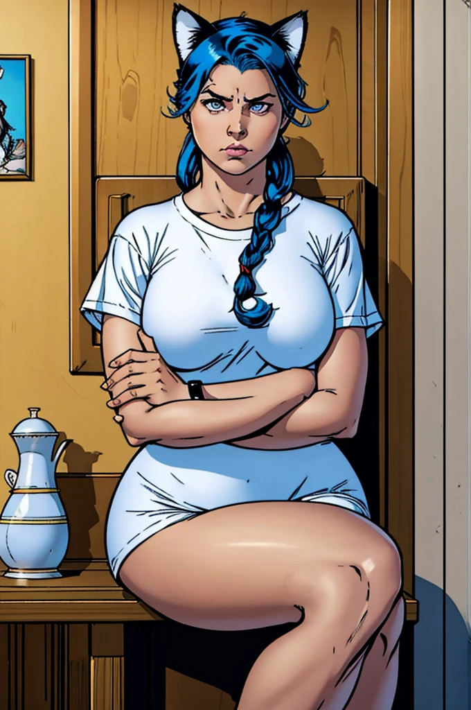 1 female, small kid cat girl, realistic lips oversized white t-shirt going all the way to the thighs, arms crossed propping up breast, hourglass figure, white eyes, french braid, blue hair, annoyed, cat ears, in an apartment, best quality
