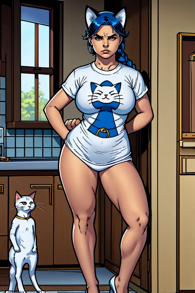 1 female, small kid cat girl, realistic lips oversized white t-shirt going all the way to the thighs, arms crossed propping up breast, hourglass figure, white eyes, french braid, blue hair, annoyed, cat ears, in an apartment, best quality
