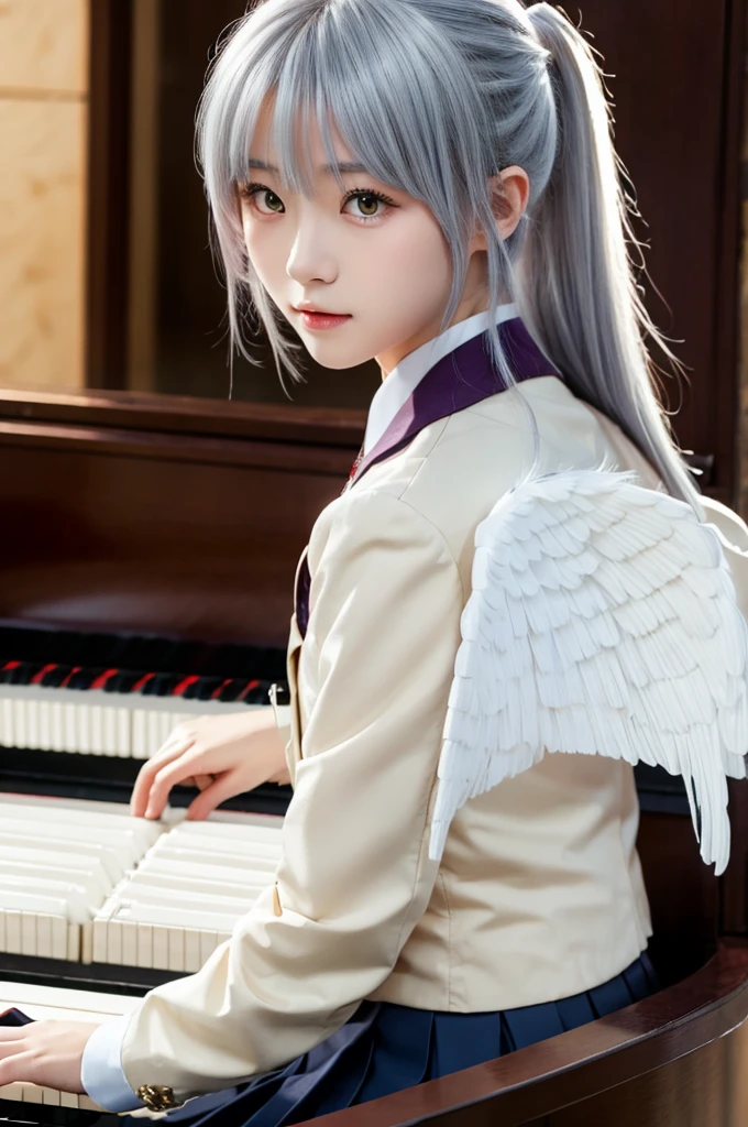 (Highest quality、4K、8K, masterpiece:1.3), Ultra detailed face, Detailed lips, Detailed eyes, double eyelid, 
BREAK, 
(extreme  close up:1.5), (from frontside:1.25),
BREAK,
1girl, 18 years old, short height, tachibana kanade, silver hair, short height, 
BREAK
(yellow eyes), white hair, long hair, bangs, hair pulled back,
BREAK,
looking at viewer, ((playing piano)),
photo background, photo inset, dusk, outdoors, spring, wind, falling petals, sunlight, skyline, 
BREAK
schooluniform, jacket, blazer, long sleeves, neck ribbon, gem, necklace, pleated skirt, kneehighs, loafers,
(((Angel wings spread wide on the back))),
