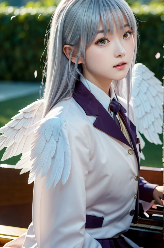 (Highest quality、4K、8K, masterpiece:1.3), Ultra detailed face, Detailed lips, Detailed eyes, double eyelid, 
BREAK, 
(extreme  close up:1.5), (from frontside:1.25),
BREAK,
1girl, 18 years old, short height, tachibana kanade, silver hair, short height, 
BREAK
(yellow eyes), white hair, long hair, bangs, hair pulled back,
BREAK,
looking at viewer, ((playing piano)),
photo background, photo inset, dusk, outdoors, spring, wind, falling petals, sunlight, skyline, 
BREAK
schooluniform, jacket, blazer, long sleeves, neck ribbon, gem, necklace, pleated skirt, kneehighs, loafers,
(((Angel wings spread wide on the back))),
