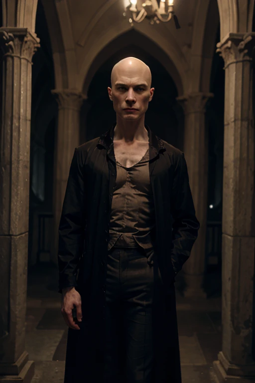A vampire with pale transparent skin through which veins and muscles are visible. Head without hair. Thin and wrinkled.The lips are closed, but sharp teeth are visible. Standing full-length in the crypt. Hands are down. Long bony fingers. Aristocratic but old clothes.