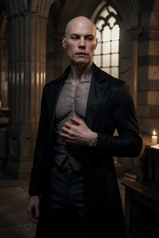 A vampire with pale transparent skin through which veins and muscles are visible. Head without hair. Thin and wrinkled.The lips are closed, but sharp teeth are visible. Standing full-length in the crypt. Hands are down. Long bony fingers. Aristocratic but old clothes.