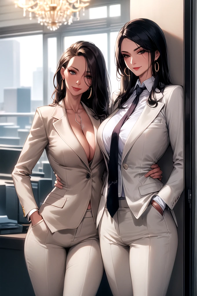 Mature women, adult, business suit, jacket, white shirt, necktie, pants, best quality, hires, detailed face, office, buildings from window, detailed background, diffused sunlight, depth of field, bokeh,big breasts, chandelier earrings , lipstick,sharp jawline long Hair, perfect body,makeup, beautiful face, smiling ,hand in pocket, cleavage 