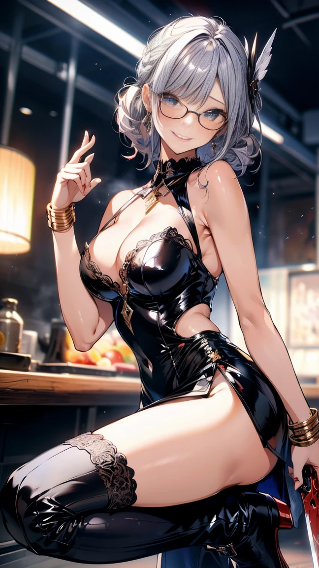 (Highest quality, masterpiece), (Ultra-high resolution, 8k RAW photos, Photorealistic:1.5, Cinema Lighting, Fabric Shading, Thin contours, Clear focus:1.2), Beautiful mature woman, Leaning forward, Long legs, Gray Hair, (Wearing thin glasses:1.2), (Mature Woman:1.5, 28 years old, alone), (Large Breasts, Saggy breasts, big , Tight waist), whole bodyesbian, (medium short Gray Hair, Hair on one eye, (Updo:1.2), Side Lock, Asymmetrical Hair, Wavy Hair), (thin and bright pupils, Highlighted, detailed eyes:1.3, A face with attention to detail, perfect face shape, Bloodshot eyes), (A seductive smile, Half-close your eyes:1.2), (Looking at the audience:1.3), (Dutch Angle, whole body:0.3, From below:1.2), ((Correct Anatomy:1.5, The right move)), (Ideal body proportions),(((Silver Armor Short Skirt、red and black boots、Silver Helmet、Jeweled、Gold embroidery)))、Slender、(Thighs Thighs Thighs Thighs:0.8)、(cheese、in house、Artistic stained glass、cross、Hello Point、Mysteriouany feathers floating、Angelic、Particles of light、Solemn、Nikko is、colorful、Fantastic:1.2)、(Fantastic:1.3)、(With the holy sword in hand:1.4)、