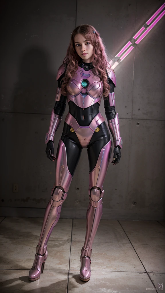 Best quality, masterpiece, awards winning photograph, Teen robot girl, full makeups, pink wavy hair, mechanical armor, ex Machinn, android girl, perfect face, ((full body portrait)), epict lights details, symmetrical pose.