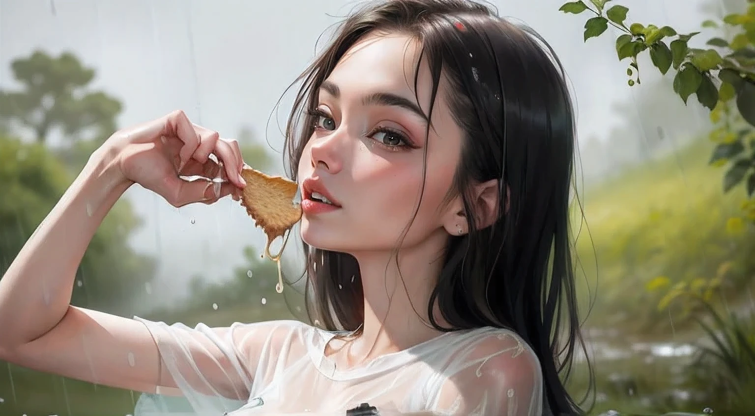 masterpiece, best quality, 2girls, (closeup), 18yo teen, slim, small breast, naked breast, nipple, open green raincoat, sitting, in abandoned train, hugging, lode, smile, heavy rain, downpour, flood, wasteland, grey, desolate, rain, dark, watercolor, (spread legs:1.6),