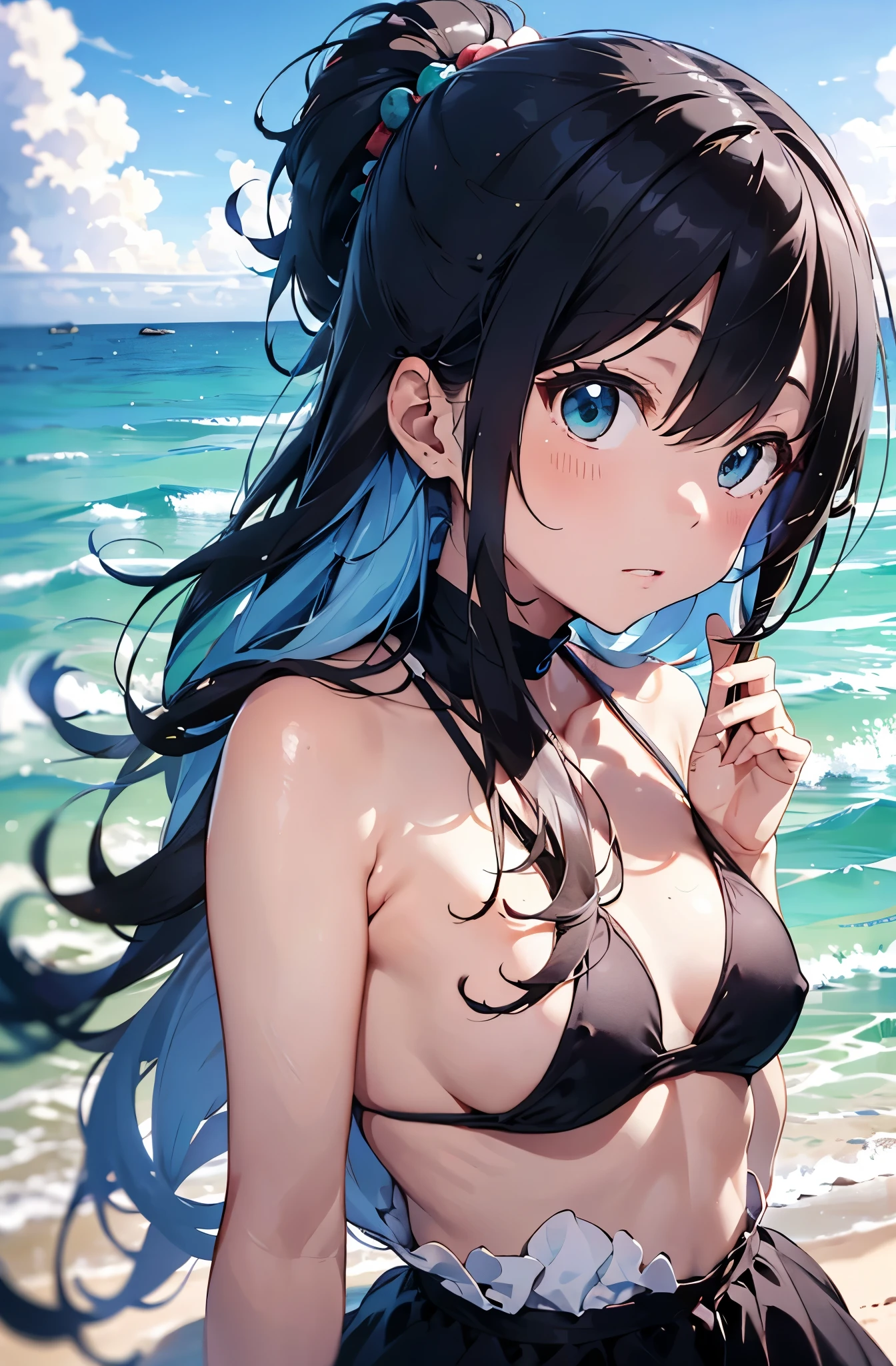 A topless light blue haired girl drawn in high resolution Japanese anime style、Standing alone on the white sand beach of a deserted island。She is topless、topless、Her hair is in a ponytail that sparkles in the light.....。The sea in the background shines emerald green.....、The beach is littered with shells and pebbles.、time々、Small waves gently wash up on the shore。Tropical wood々Swaying in the Wind、Mr.....々Among the branches々Birds are singing..。wood々Colorful flowers blooming in abundance、The entire island is filled with abundant nature.....。On the horizon of a distant sea、The setting sun casts a beautiful orange glow over the ocean.、It gives the whole place a mystical feel.....。、Wakame seaweed、Wakame seaweed、Wakame seaweed、Wakame seaweed、Wakame seaweed、Wakame seaweed、