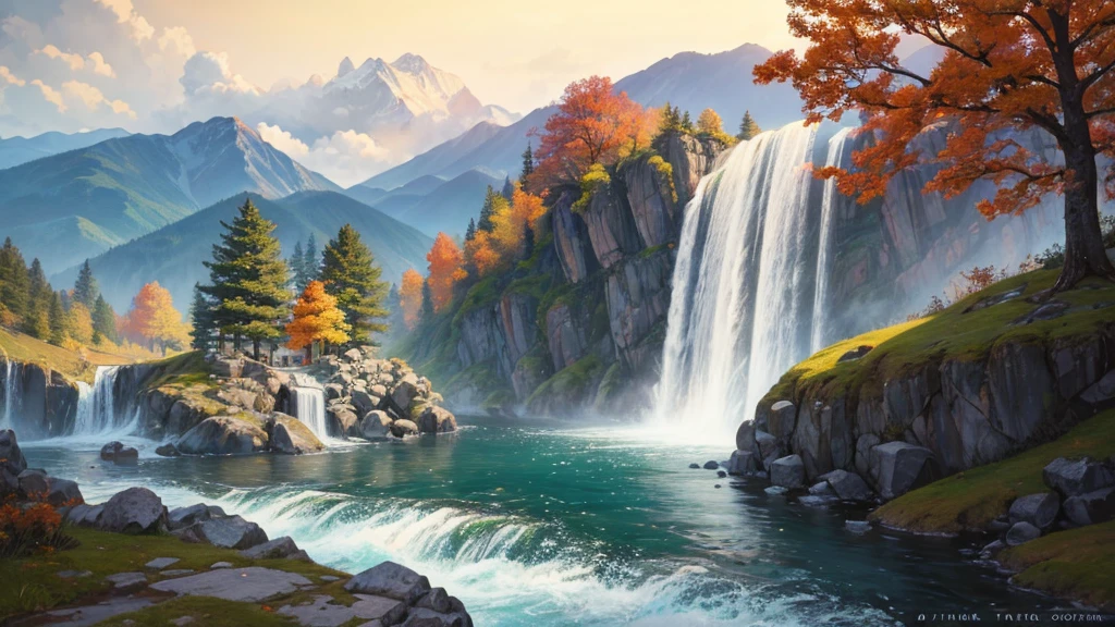 The painting depicts a traditional East Asian landscape with soaring rocky mountains studded with trees, The waterfall falls into the river flowing over the curved bridge, and many fall-colored trees at the foot of the mountain. In the sky there were two white birds flying and on the top of the mountain there was a small temple. The sky is painted gently to create the feeling of fog or clouds. The upper right corner of the picture has Chinese characters, could be the artist&#39;s signature or a poem related to the work.