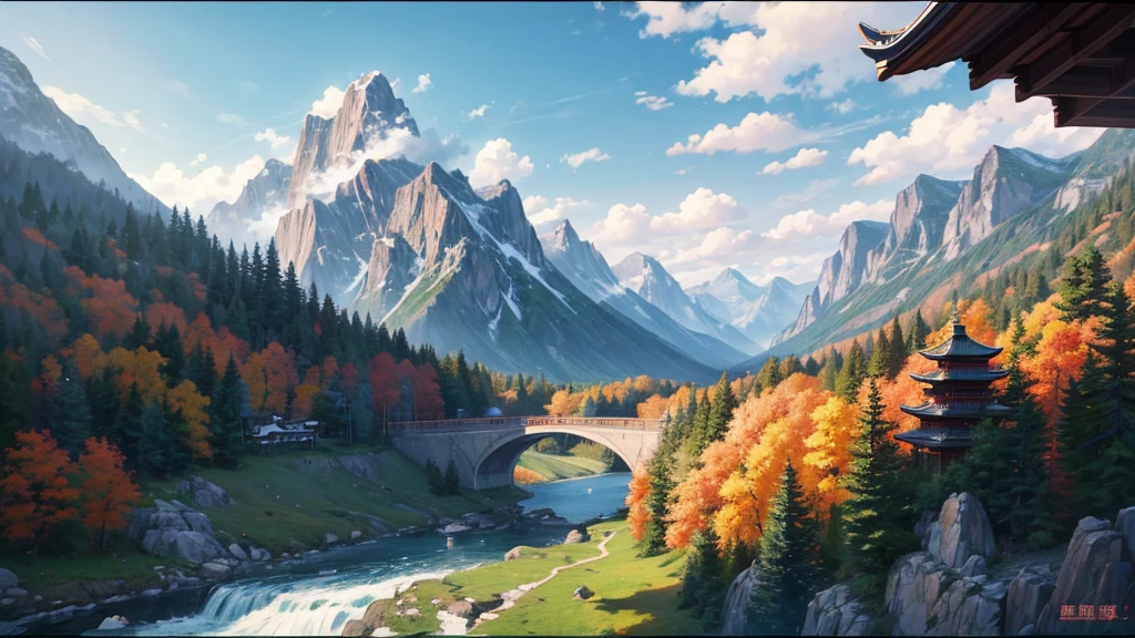 The painting depicts a traditional East Asian landscape with soaring rocky mountains studded with trees, The waterfall falls into the river flowing over the curved bridge, and many fall-colored trees at the foot of the mountain. In the sky there were two white birds flying and on the top of the mountain there was a small temple. The sky is painted gently to create the feeling of fog or clouds. The upper right corner of the picture has Chinese characters, could be the artist&#39;s signature or a poem related to the work.