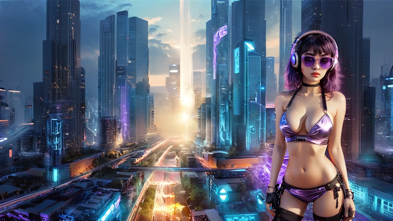masterpiece, best quality, high resolution, 8k, (Portrait Photos:1.5), (R Original Photo), real picture, Digital Photography, (A fusion of cyberpunk and fantasy), 20 year old girl, solo, (((black sunglasses, headphone))), Feel free to hairstyle, Purple Eyes, By Bangs, (large breasts, cleavage, Accessories, Elegant and charming, Combination of cyberpunk and fantasy style clothing, Hollow carving design, Photo poses, Realistic style, (((((((pistol shooting pose))))))), oc render reflection texture, sentry, (((((aerial view of Cyberpunk style future city, 1 giant (((Chinese Terracotta Warrior))) sculpture))))), night, Bustling streets, (((((half-body (thigh level) medium shot))))).