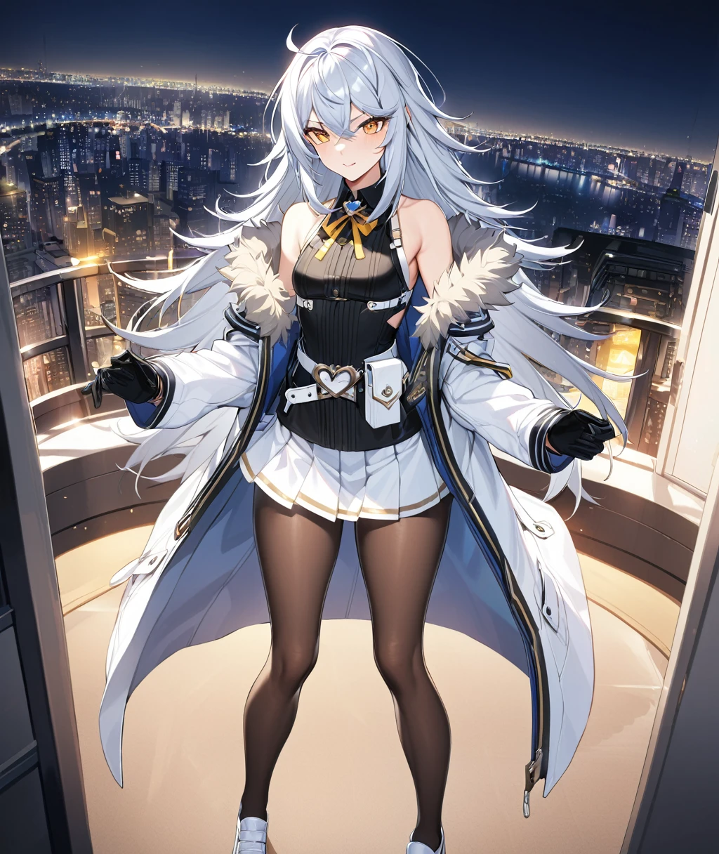 1girl, bangs,long_hair,独奏, yellow eyes, black legwear, jacket, pantyhose, silver hair, skirt, bare shoulders, eyebrows visible through hair, ahoge, gloves, white hair, small breasts,long sleeves,hair between eyes, standing, white skirt, shirt,sleeveless, sleeveless shirt,full_body, pleated skirt, sidelocks,belt ,very long hair, shoes,Miniskirt ,black gloves,white footwear, open clothes, Fur trim, black shirt, white coat,white_jacket,city lights,open jacket, off shoulder, open coat, fur-trimmed coat, gown, messy hair, , masterpiece, Highest quality, so beautiful, Absurd, ultra detailed, cg unity 8K wallpaper, masterwork, super fine illustration, ultra detailed beautiful face, perfect eyes, Movie angle, (((cowboy shot))), perfect hands, perfect fingers, ribbon, seductive smile, baby face, heart brooch, five fingers,