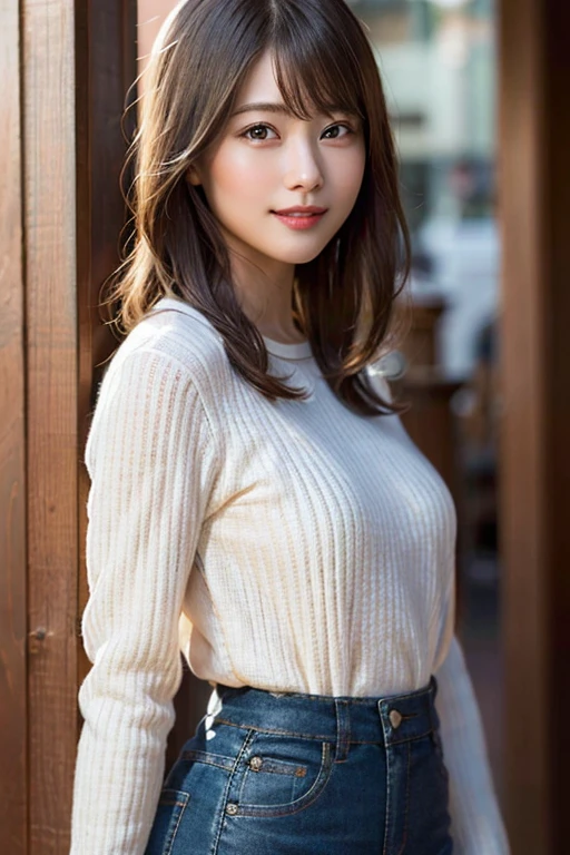 (8K, RAW Photos, Highest quality, masterpiece:1.2), (Realistic, photo-Realistic:1.37), Super detailed, Ultra-high resolution,1 Girl,View your viewers,Beautifully detailed face,smile,narrow,(Slim waist:1.3),shirt, Beautifully detailed skin, Skin Texture, Floating Hair,Professional Lighting,