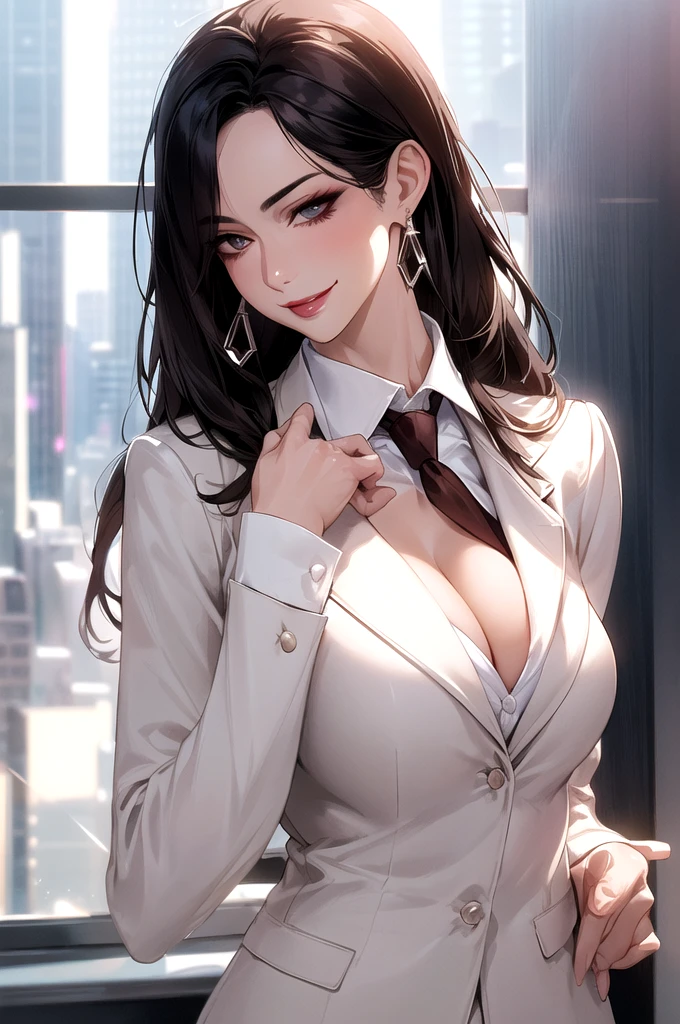 Mature women, adult, business suit, jacket, white shirt, necktie, pants, best quality, hires, detailed face, office, buildings from window, detailed background, diffused sunlight, depth of field, bokeh,big breasts, chandelier earrings , lipstick,sharp jawline long Hair, perfect body,makeup, beautiful face, smiling ,hand in pocket, cleavage