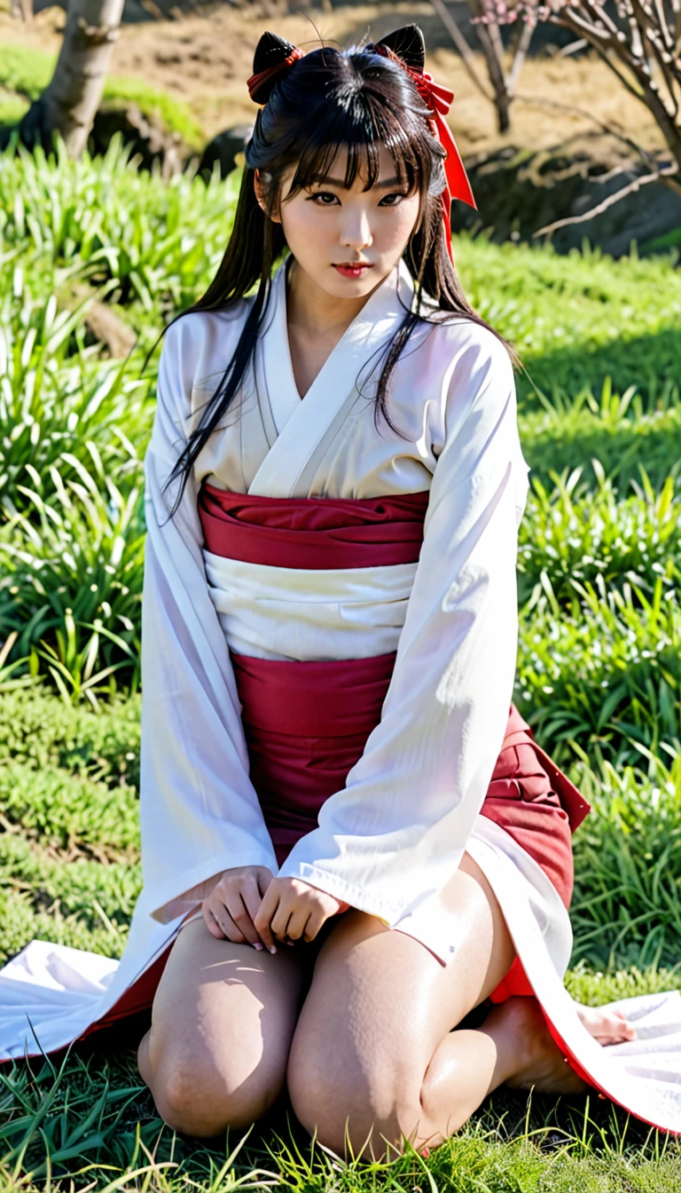 Shrine maiden, (Red Hakama Micro Mini Skirt with deep slits in the front:1.3)、Japanese beauty miko、(long sleeve white kimono:1.2) 、Black long hair、sluty, 1girl, solo, japanese clothes, outdoors, bangs,pantyless, no panties, nsfw, pelvic, grim expression, thighs, glamorous,curvy, miniskirt, sitting ,hugging own legs, sitting_down, knees up, knees to chest, show pussy, geta, tabi, grassland, (no panties:1.2), (shaved pussy:1.2), show pussy