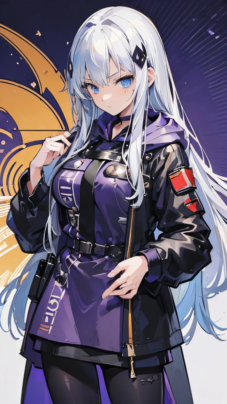 (best quality:1.3), (masterpiece:1.3), (illustration:1.3), (ultra-detailed:1.3), (mid shot:0.9), 1girl, Long hair, white hair, ((blue eyes, purple hoodie, military, black coat, pantyhose,)) medium breasts, standing, serious expression,