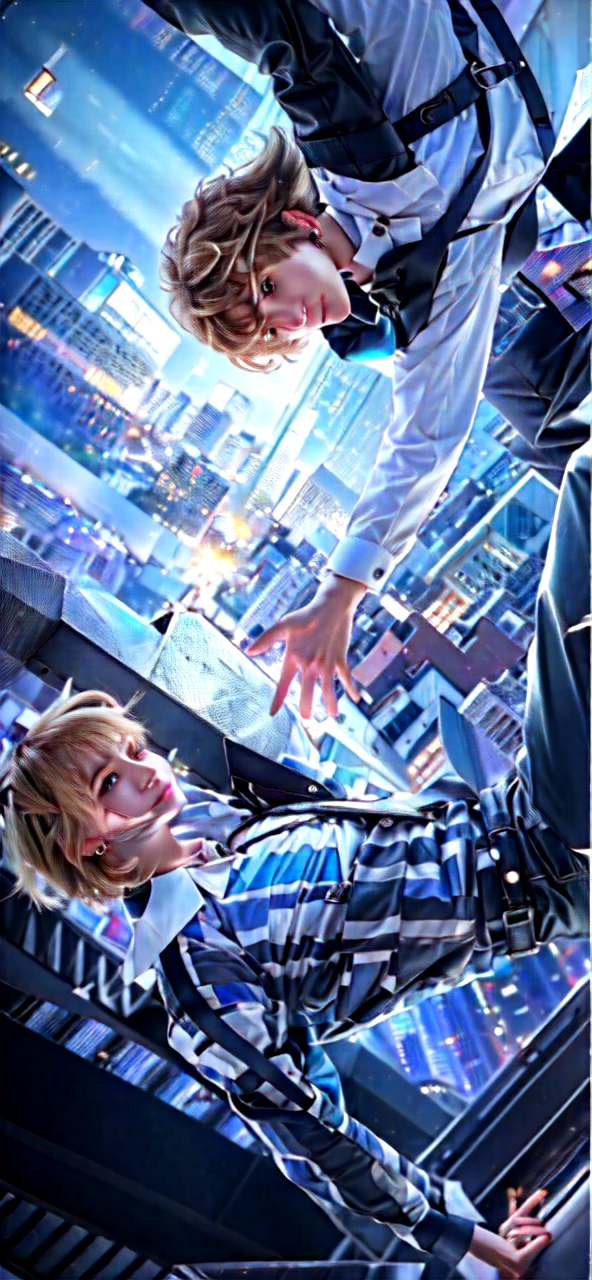 ((Top Quality, 8k, Masterpiece: 1.3)), 2boys, bangs, belt, black jacket, black necktie, black pants, brown eyes,blonde hair, building, city, cityscape, closed mouth, collared shirt, dual persona, earrings, eye contact, falling, jacket, jewelry, long sleeves, looking at another, male focus, medium hair, multiple boys, necktie, night, pants, shirt, short hair, smile, virtual youtuber, white shirt