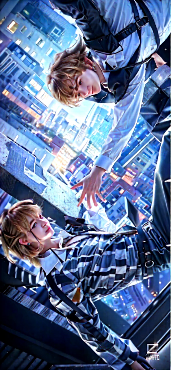 ((Top Quality, 8k, Masterpiece: 1.3)), 2boys, bangs, belt, black jacket, black necktie, black pants, brown eyes,blonde hair, building, city, cityscape, closed mouth, collared shirt, dual persona, earrings, eye contact, falling, jacket, jewelry, long sleeves, looking at another, male focus, medium hair, multiple boys, necktie, night, pants, shirt, short hair, smile, virtual youtuber, white shirt