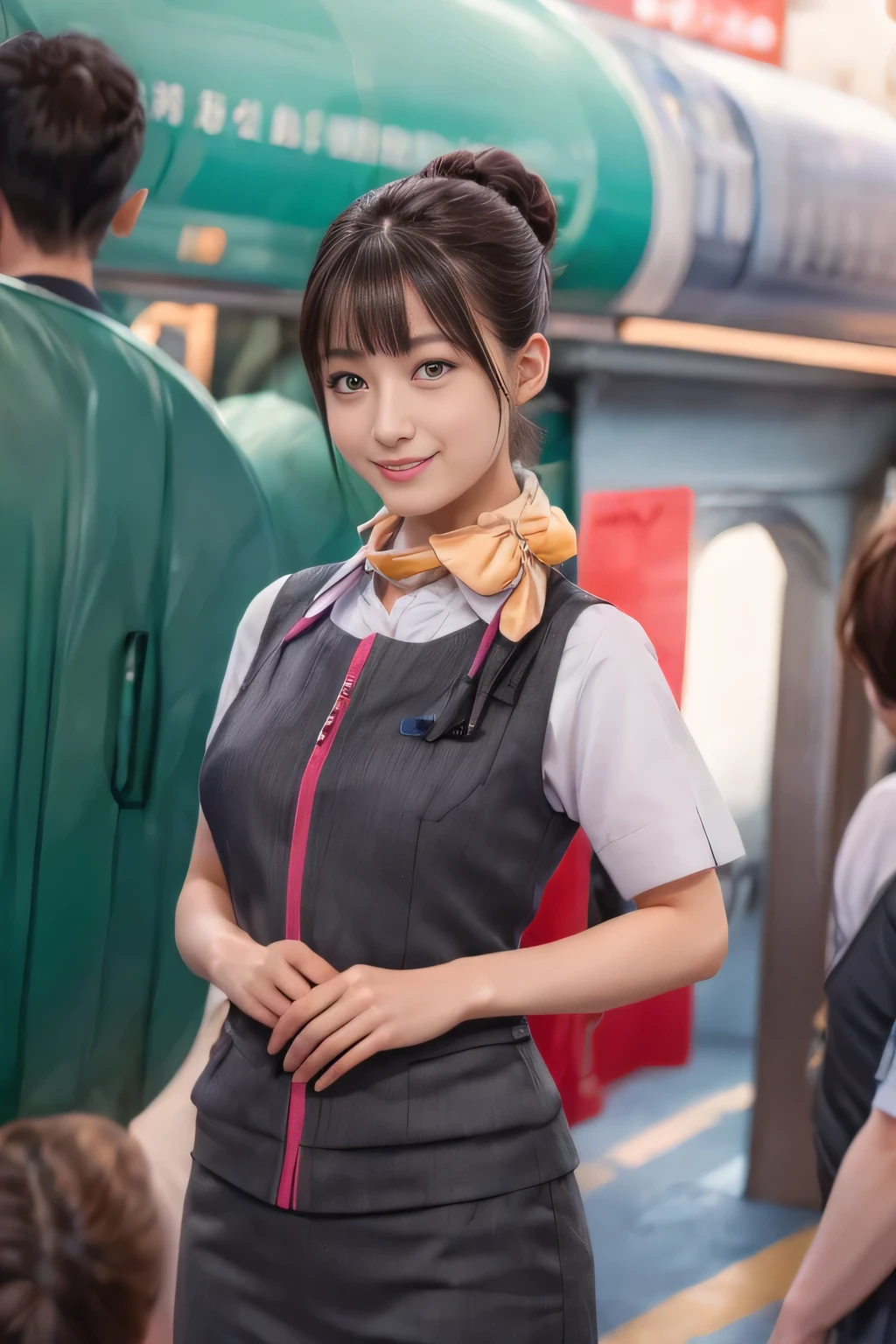 (masterpiece:1.2, Highest quality:1.2), 32k HDR, High resolution, (alone、One girl)、(At the station platform、Professional Lighting)、Empty train station platform background、(Realistic style of JR Gran Class crew uniform)、Short sleeve blouse、a scarf around the neck、(JR Gran Class flight attendant uniform with pink parts on the skirt sleeves)、(The uniform of a flight attendant in JR Gran Class has a pink line on the front zipper of the vest.)、Dark brown hair、(Chignon、Hair tied up)、Dark brown hair、Long Shot、Big Breasts、((Great hands:2.0)),((Harmonious body proportions:1.5)),((Normal limbs:2.0)),((Normal finger:2.0)),((Delicate eyes:2.0)),((Normal eyes:2.0)))、Big Breasts、Luxury Necklace、smile、Beautiful standing posture,Place your hands around your stomach