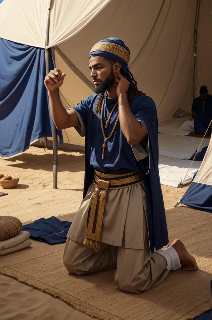a man in Israelite clothing, kneeling, praying, he is looking down, one hand raised upward, he is in a tent