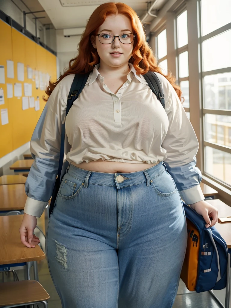 Happy photo of a young cute nerdy redhead bbw student with glasses with long wavy ginger hair soft fat belly, wide fat obese hips, thick fat legs and fat arms, cute pretty face, small breasts, blue eyes, freckles, in long shirt tucked in her simple jeans, and tight long jeana, wearing a backpack in a modern school hall