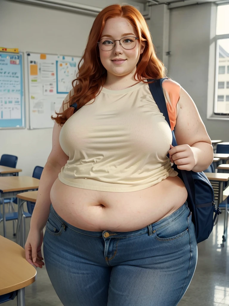 Happy photo of a young cute nerdy redhead bbw student with glasses with long wavy ginger hair soft fat belly, wide fat obese hips, thick fat legs and fat arms, cute pretty face, small breasts, blue eyes, freckles, in long shirt tucked in her simple jeans, and tight long jeana, wearing a backpack in a modern school hall