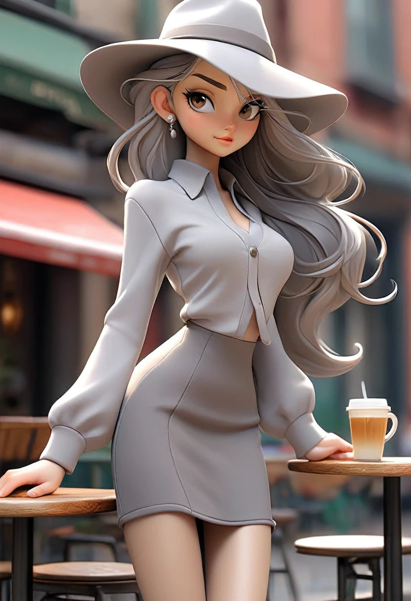tabletop, high qualiy, best qualityer, comely, Hard disk, perfect lighting, face detailed, body detailed, 1 girl, standing alone, (Long gray hair), thin ankles,eyes browns, medium breasts, ((white innerwear)), ((Short skirt in gray)), (Grey hat), silver high heels,in front of the café,Photograph the entire body（Cover your screen from head to toe）,Model Tour,