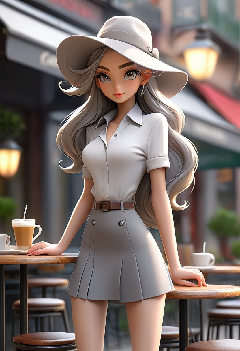 tabletop, high qualiy, best qualityer, comely, Hard disk, perfect lighting, face detailed, body detailed, 1 girl, standing alone, (Long gray hair), thin ankles,eyes browns, medium breasts, ((white innerwear)), ((Short skirt in gray)), (Grey hat), silver high heels,in front of the café,Photograph the entire body(Cover your screen from head to toe),Model Tour,