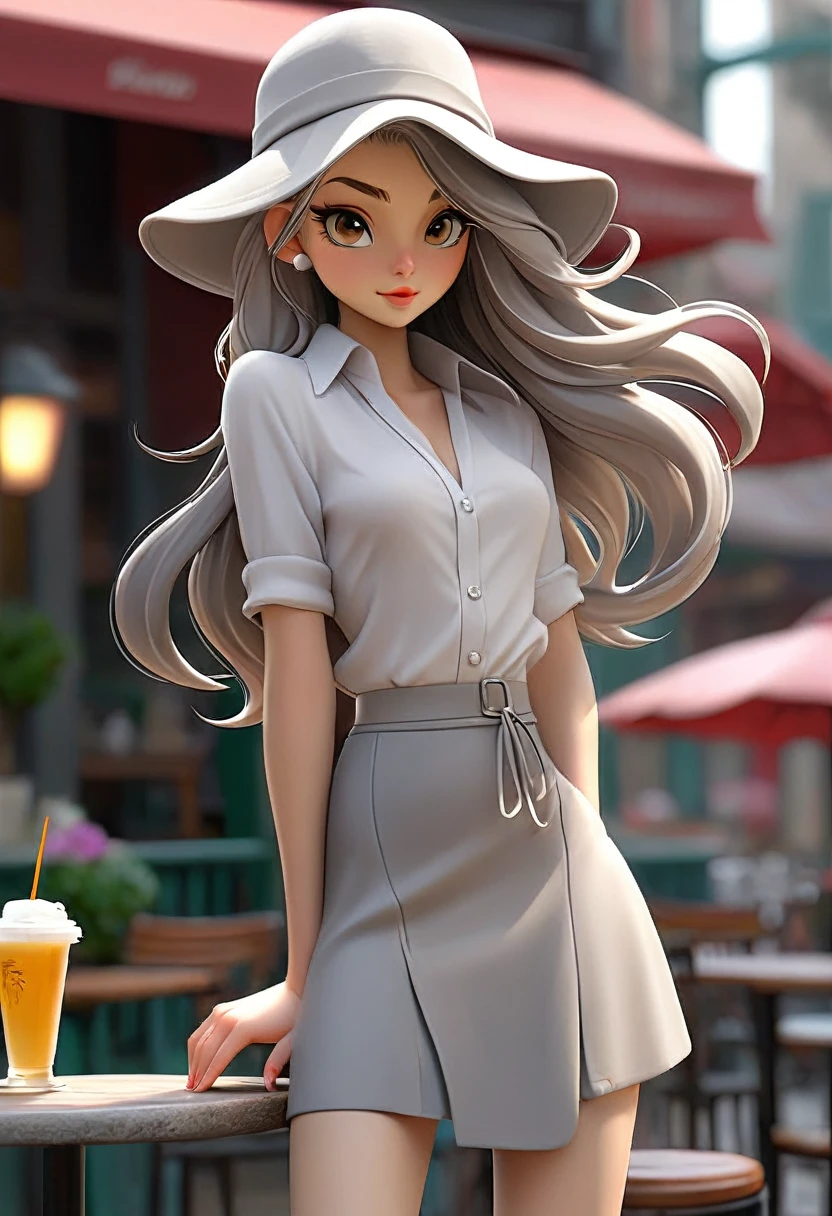 tabletop, high qualiy, best qualityer, comely, Hard disk, perfect lighting, face detailed, body detailed, 1 girl, standing alone, (Long gray hair), thin ankles,eyes browns, medium breasts, ((white innerwear)), ((Short skirt in gray)), (Grey hat), silver high heels,in front of the café,Photograph the entire body(Cover your screen from head to toe),Model Tour,