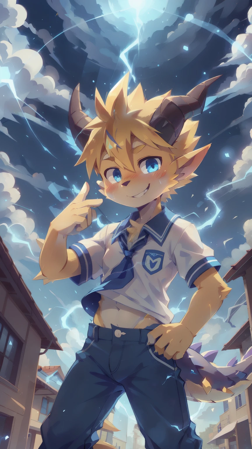 score_9,score_8_up,score_7_up, source_cartoon, source_furry, dragon boy, horns, glowing blue eyes, tail, glowing yellow hair, high spiky ponytail, furry, blush, dragon tail, looking at viewer, smile, 1boy, dragon horns, pointy ears, absurd spiky hairstyle, spiky side hair, furry boy, smile, two tone body fur, yellow body fur, white body fur, ((school uniform, school shirt, blue pants)), school, clear sky, standing, hand palm with thunder magic, thunder magic effect, magic particles, thunder magic, magic fight,