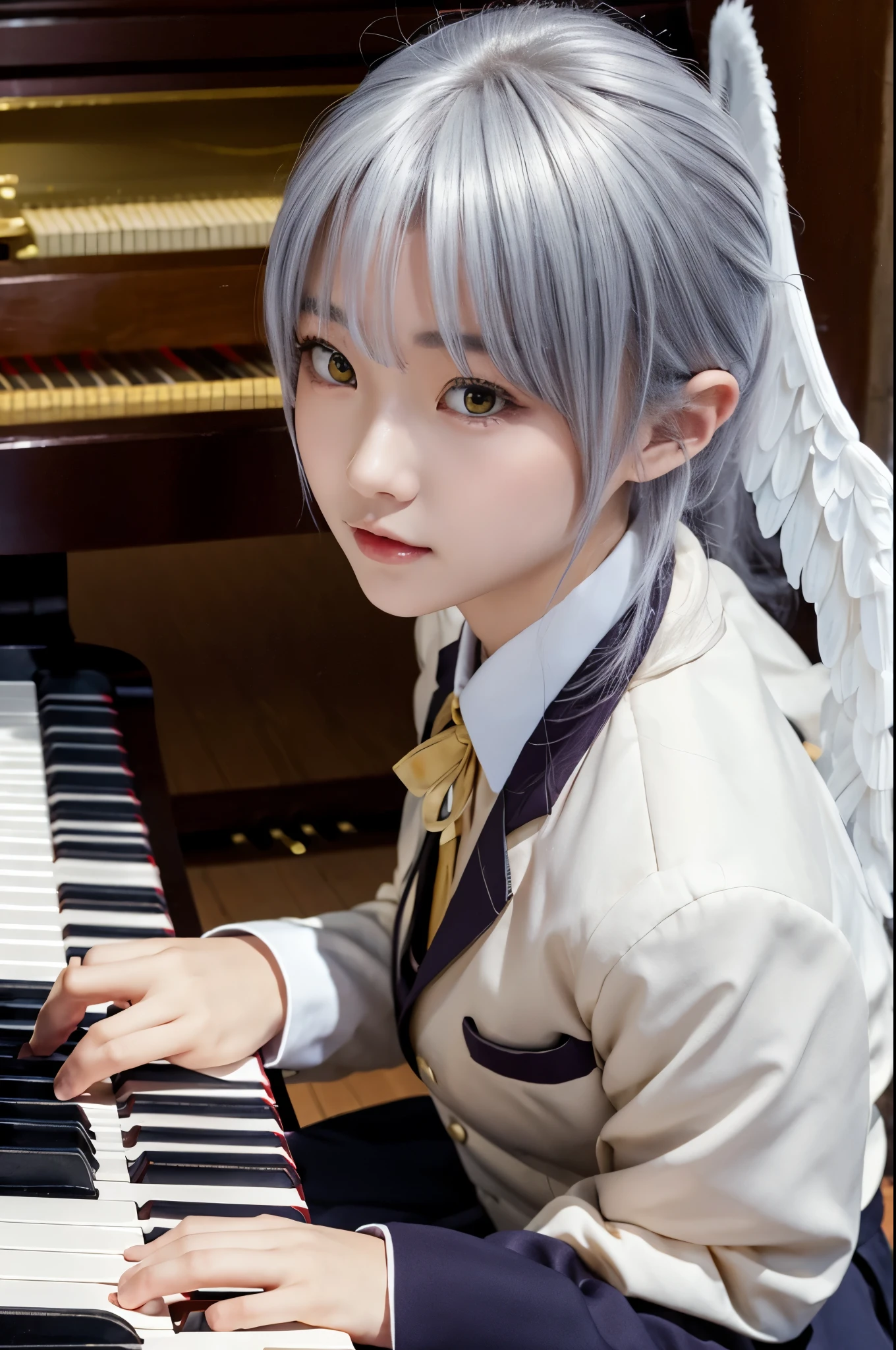 (Highest quality、4K、8K, masterpiece:1.3), Ultra detailed face, Detailed lips, Detailed eyes, double eyelid, 
BREAK, 
(extreme  close up:1.5), (from frontside:1.25),
BREAK,
1girl, 18 years old, short height, tachibana kanade, silver hair, short height, 
BREAK
(yellow eyes), white hair, long hair, bangs, hair pulled back,
BREAK,
looking at viewer, ((playing piano)),
photo background, photo inset, dusk, outdoors, spring, wind, falling petals, sunlight, skyline, 
BREAK
schooluniform, jacket, blazer, long sleeves, neck ribbon, gem, necklace, pleated skirt, kneehighs, loafers,
(((Angel wings spread wide on the back))),
