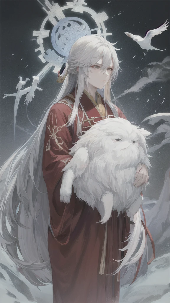 Large scene of a white-haired woman wearing a red robe,lion,躺在巨大的石lion像前仰头喝酒, Portrait of Yang Jian, Pixiv, Fantasy Art, White-haired deity, Beautiful character painting, artwork in the style of , Gu Weiss, has long white hair, has long white hair, 飘逸的长发和Red robe,Red robe,