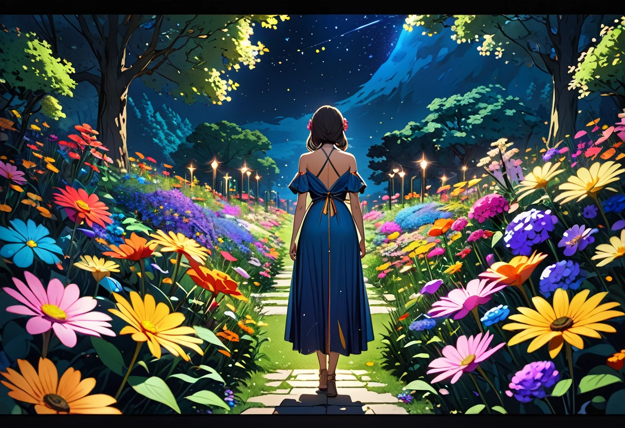 (((zoom out))),8k,((Highest quality)),((high-res)),((shot from behind)),night,She stands in a sanctuary in nature,flowers,outside,colorful,thank you!