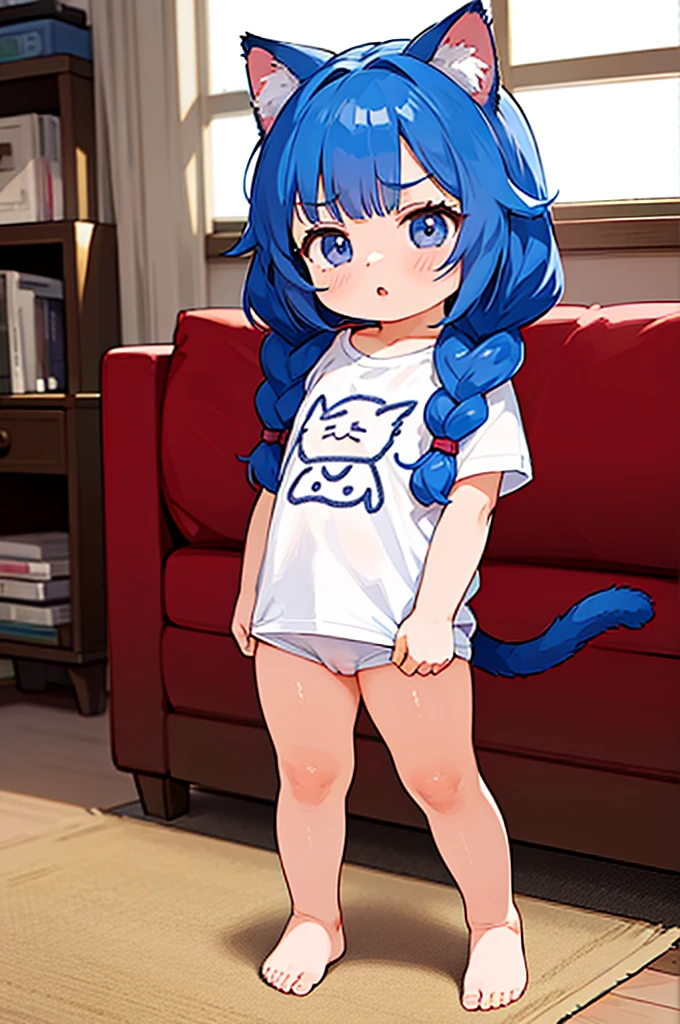 1 female,  cat girl, realistic lips oversized white t-shirt going all the way to the thighs, arms crossed propping up breast, hourglass figure, white eyes, french braid, blue hair, annoyed, cat ears, in an apartment, best quality
