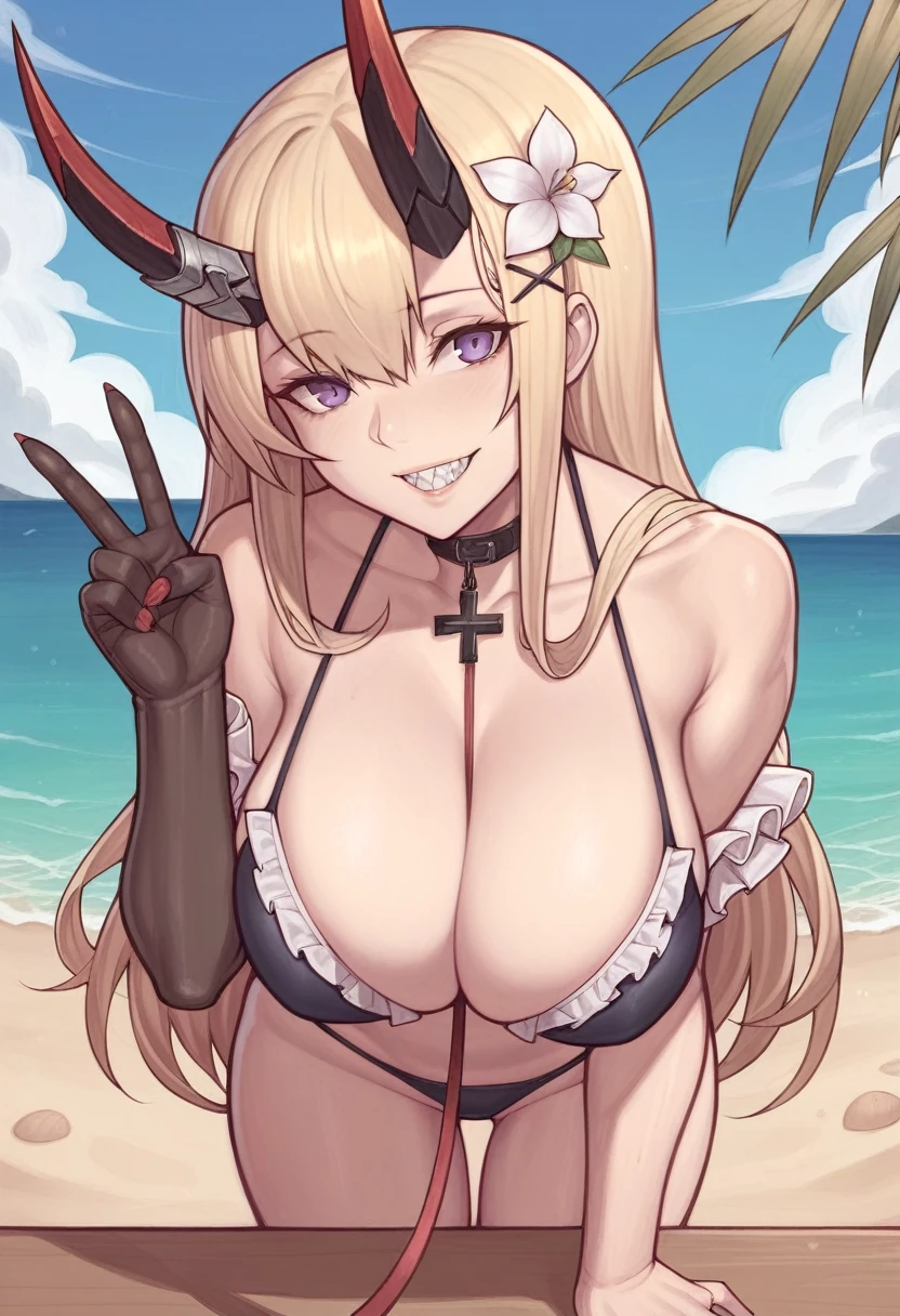 _asura style, 1girl, kumano (azur_lane), sharp_teeth, breasts, single_elbow_glove, teeth, swimsuit, purple_eyes, flower, between_breasts, horns, cleavage, elbow_gloves, gloves, hair_flower, single_glove, solo, hair_ornament, blonde_hair, bikini, large_breasts, cross_hair_ornament, frilled_bikini, off-shoulder_bikini, beach, smile, looking_at_viewer, long_hair, outdoors, red_nails, multicolored_bikini, leaning_forward, frills, multicolored_clothes, oni_horns, black_gloves, collarbone, v, mismatched_bikini, leash, day, official_alternate_costume, white_flower, ocean, strap_between_breasts, nail_polish, bare_shoulders, sky