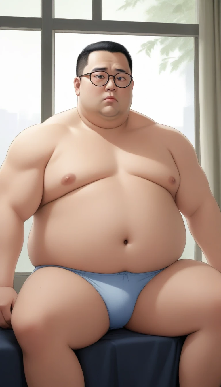 A fat man,Big eyes,Black round glasses,short hair,Round inches,Big round face,Very large and well-developed chest muscles,Big full belly,Sitting on the bedside with glass window curtains,The upper body is bare,Wearing briefs with bulge in the crotch,Oriental male,Full body front view