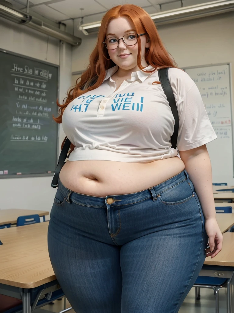 Happy photo of a young cute nerdy redhead bbw student with glasses with long wavy ginger hair soft fat belly, wide fat obese hips, thick fat legs and fat arms, cute pretty face, small breasts, blue eyes, freckles, in long shirt tucked in her simple jeans, and tight long jeana, wearing a backpack in a modern school hall