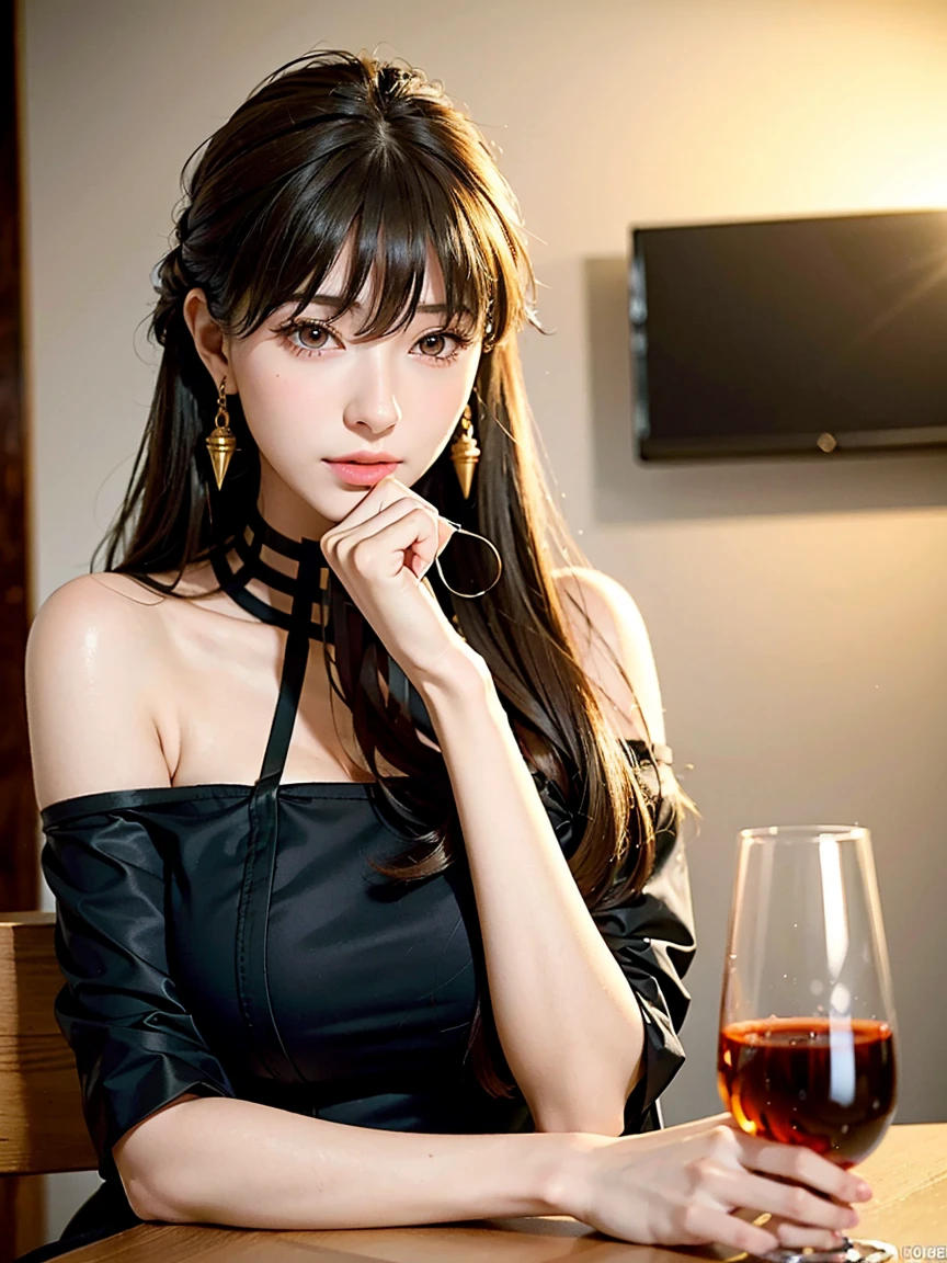 a beautiful young russian woman, 8k, detailed face, high quality, photorealistic, stunning eyes, long eyelashes, attractive facial features, flawless skin, light brown hair, tight waist, stylish clothes, necklace, active posing, rough long hairstyle, vivid colors, masterpiece, best quality, enjoying tea time in a chic cafe、1 person、1 person、Black Dress、