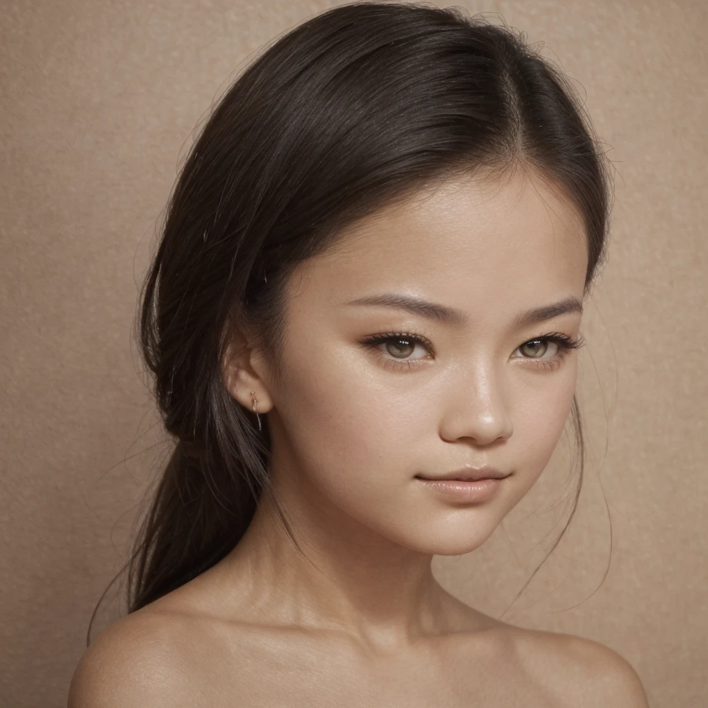 A young 19-year-old woman with a mixed japanese and russian heritage. She has thick dark black eyeliner and glossy lips. The image is a casting shot, showcasing her face clearly with a neutral or slight smile expression. She has straight, dark brown hair that falls just past her shoulders. Her eyes are almond-shaped, and her skin has a light to medium tone with a natural, fresh look. She is wearing a simple, professional outfit suitable for a casting, and the background is a neutral studio setting with soft lighting to highlight her features.
