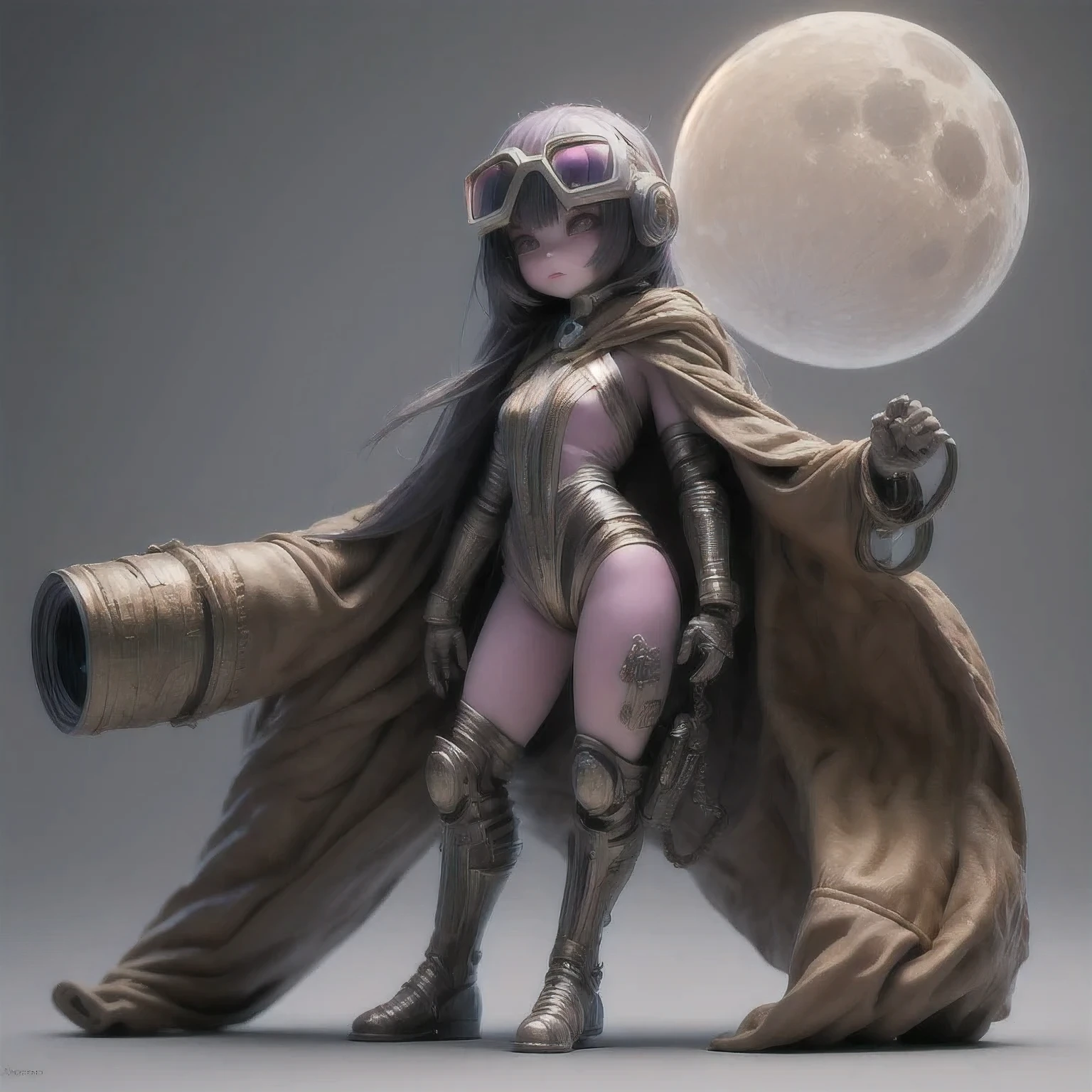 Purple Powder Queen，arafed alien with a cape and goggles standing in a pose, sci - fi character, scifi character, scifi character render, moon ray render, 3 d character render, hyper detailed fantasy character, dystopian sci-fi character, 3 d render character art 8 k, character render, small character. unreal engine 5, 3 d character concept artwork, 1 cape, solo