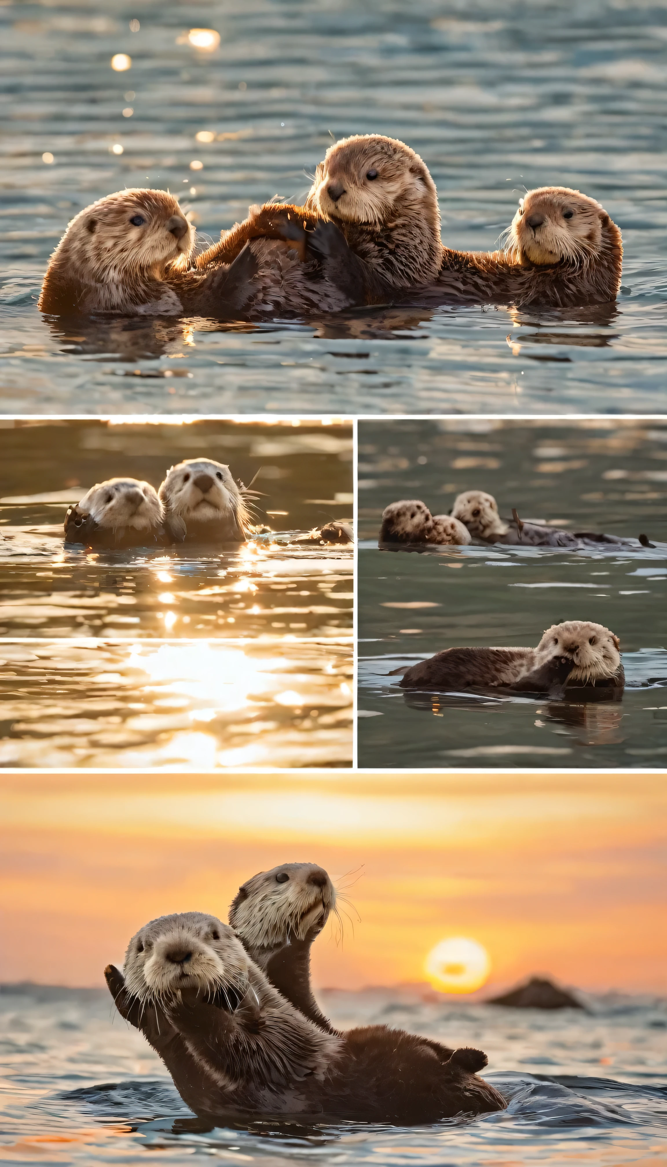 8 sea otters, floating on ocean, many sea otter , 2 sea otters shake hand, sunny lighting, 2 sea otter have a shell, 1 sea otter have orange