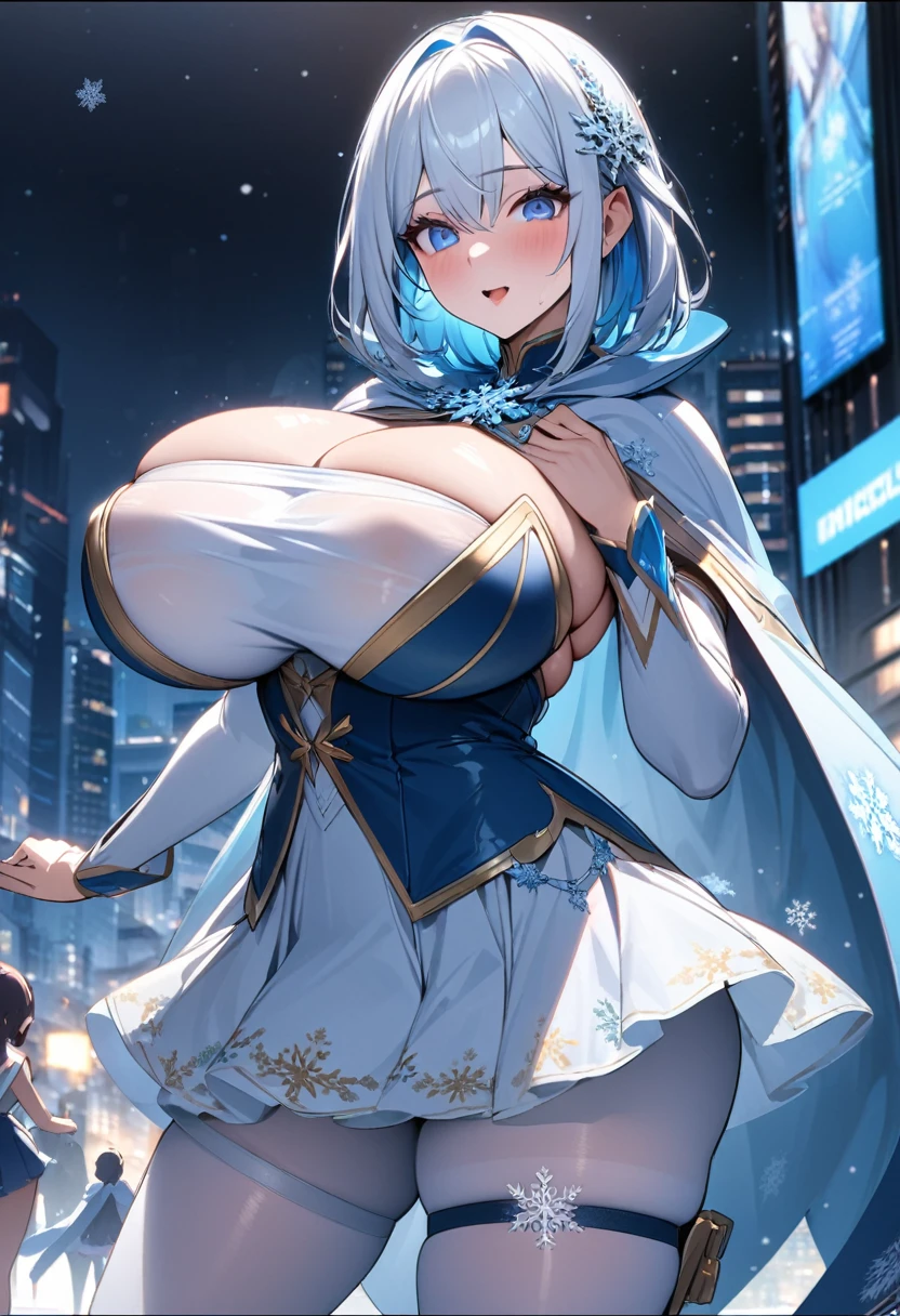 best quality, high resolution,Become a, cityscape, night,Looking at the audience, blue eyes,Short skirt,Medium-length white hair, Blue Hair,cape, White pantyhose,snowflake, Floral, jewelry, gem,shining, Thigh straps,huge 、huge breasts,4K screen,Dance,Showing breasts