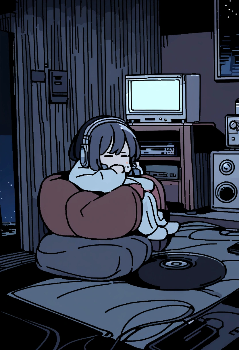 night、Girl listening to music in a cozy room, Using headphones, 2D-style animation, Lo-Fi, hard disk, Dark Environment