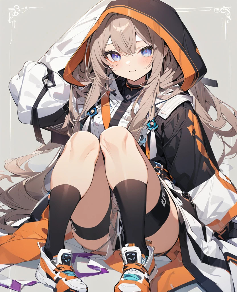 ((Highest quality)), ((masterpiece)), ((Ultra-detailed)), (非常にcute),woman, solo, Friendly attitude,(()),womanはとても(cute)with(cute)Appearance,Light blue eyes,Brown hair and dark brown inner tip color,Light background,Long Hair - Straight,Linear Art, Knee-high socks、Wearing purple and white jersey、Wearing a loose hood
