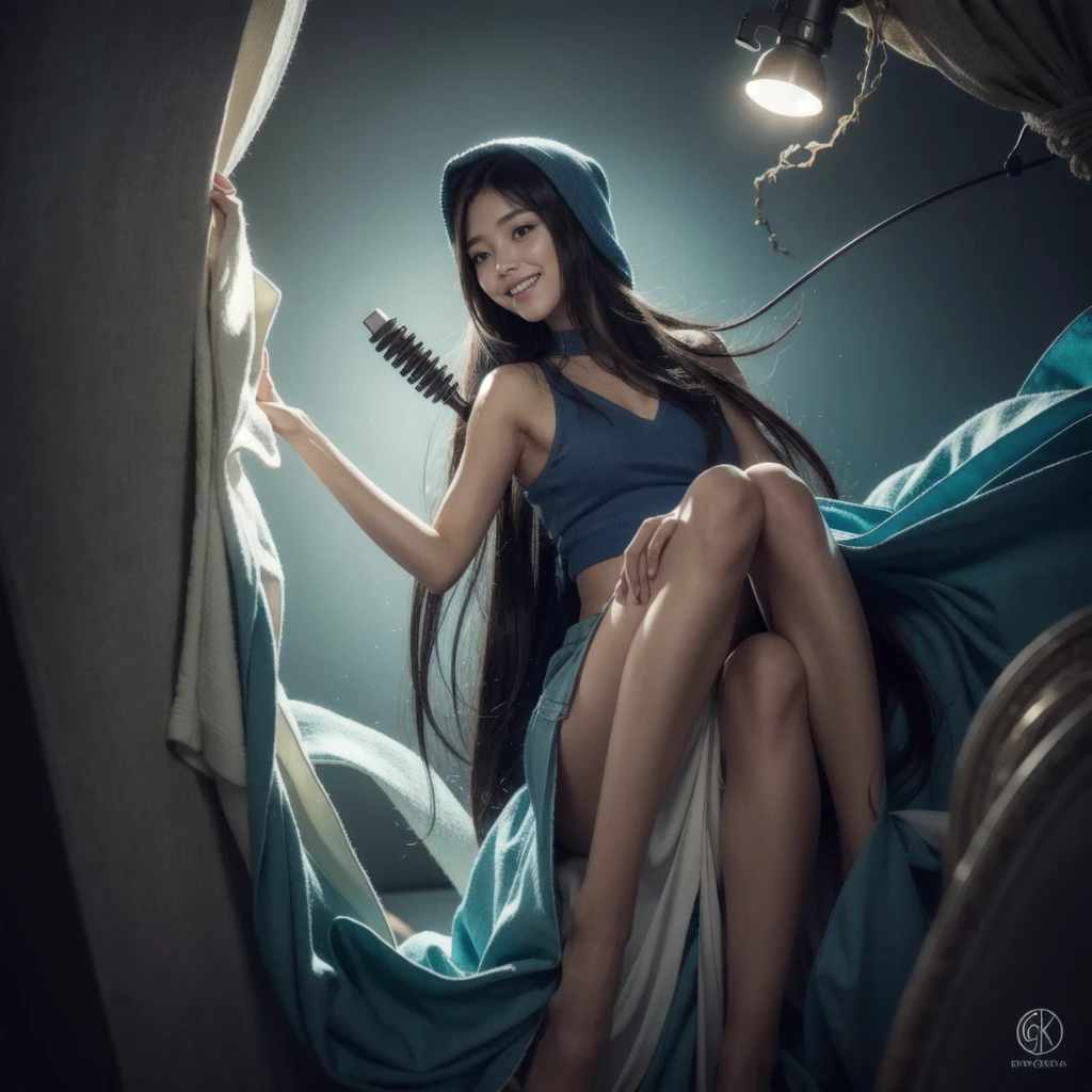 8k, best quality, masterpiece, realistic, ultra detail, photo realistic, hyper realistic, smoother lighting, increase cinematic lighting quality, realistic lighting, backlighting, brightening light, Increase quality, best quality real texture skin,
close-up, slender, cute face, smile, beautiful details eyes, 19years old korean, pretty, Drill hair with electric blue color, hood,