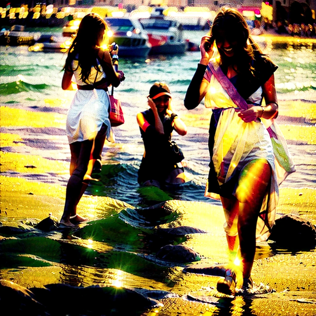 alone in the universe, Paint in watercolor style, Photorealism, discreet golden and ruby and mint shades, (Three) (nudes) gentle, modest thin girls of 16 years old with tender nipples walk barefoot in the distance along the coast, houses in the distance