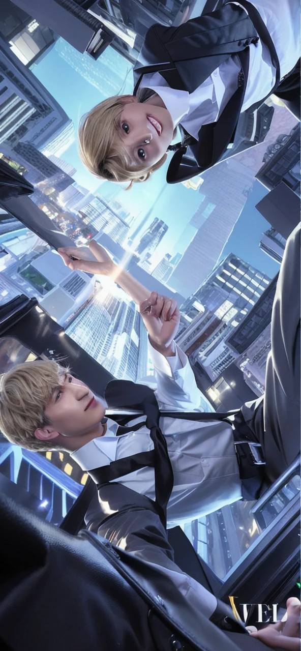 ((Top Quality, 8k, Masterpiece: 1.3)), 2boys, bangs, belt, black jacket, black necktie, black pants, brown eyes,blonde hair, building, city, cityscape, closed mouth, collared shirt, dual persona, earrings, eye contact, falling, jacket, jewelry, long sleeves, looking at another, male focus, medium hair, multiple boys, necktie, night, pants, shirt, short hair, smile, virtual youtuber, white shirt