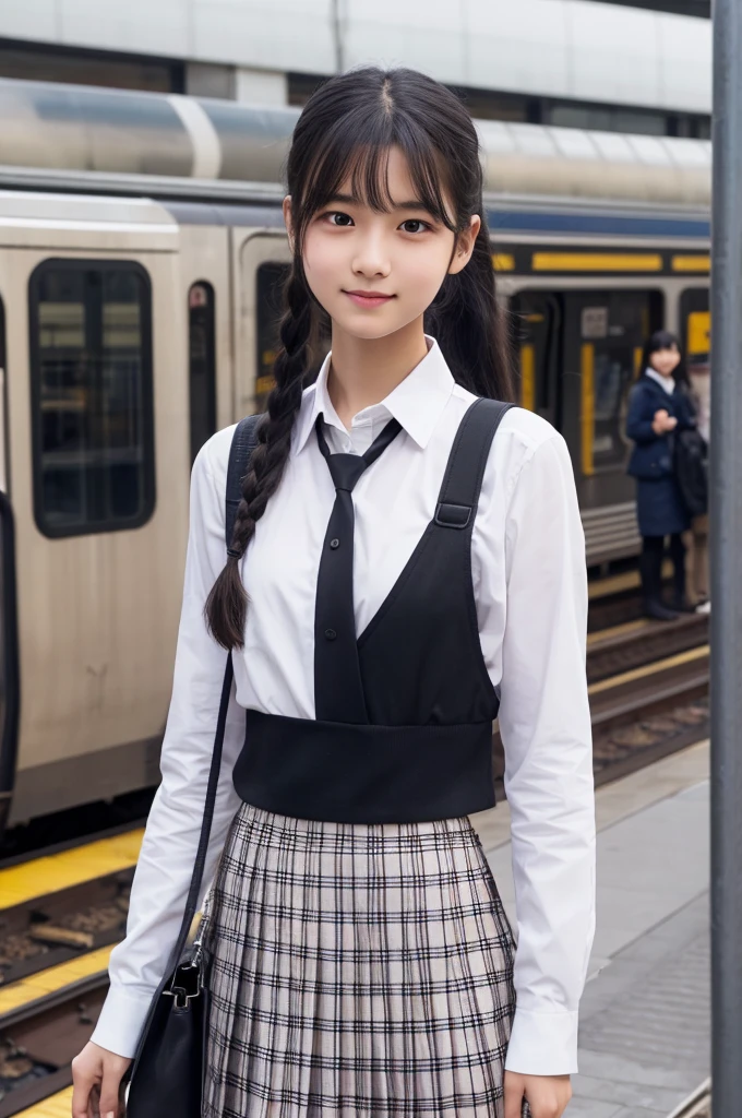 Winter clothes,White shirt,Checkered Pleated Skirt,,high school girl,Black Hair,Straight Hair,ponytail,Dark Eyes,Small Face,Clean eyes,Small Mouth,slender,Young face,,Flat chest,train,Station platform,live-action,Realistic photos,8K,Happy face,Ultra HD,Standing posture,whole body,Ruck sack,
