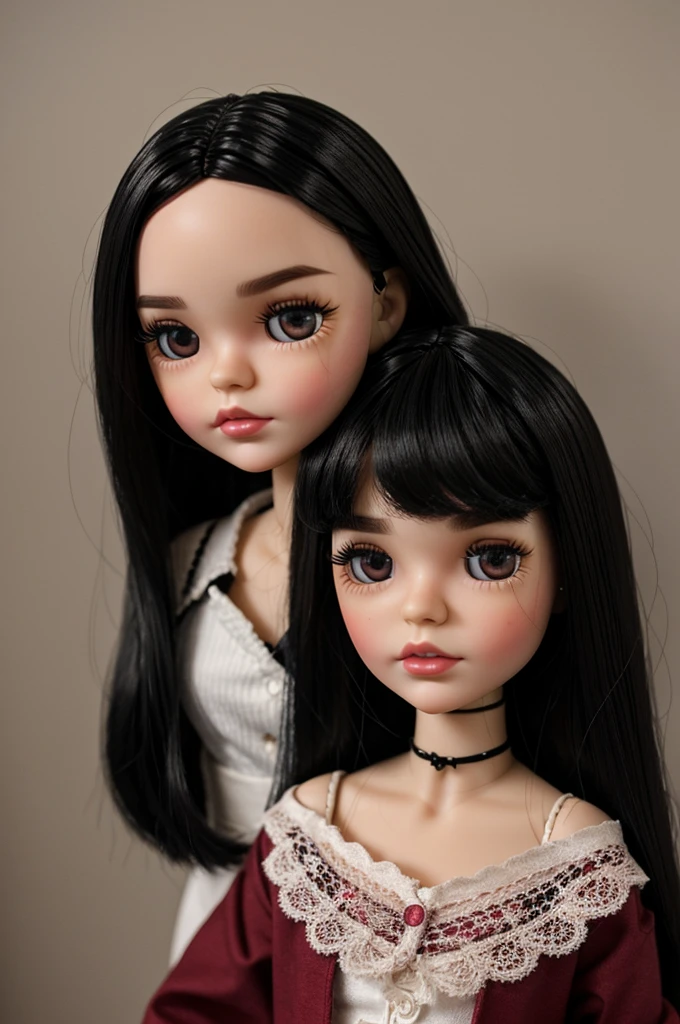 Imagine a Blythe doll with shoulder-length black hair, not too long or short, His eyebrows are a little thick and have a straight shape. The lips are big wine red, with long doll eyelashes, with 1 head and it is a doll, with black clothes