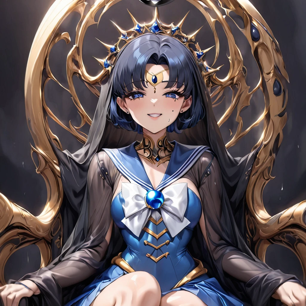 ((Highest quality)), ((masterpiece)), (detailed), (Perfect Face)、Black moon mark on forehead、The woman is Sailor Mercury, the noble dark queen of the Black Moon clan and the Black Moon, with short blue bob hair, and is sitting on a luxurious throne.、The woman has a black inverted crescent moon mark on her forehead, is wearing a gorgeous, glittering black gothic Victorian dress, a black veil and a black see-through cape, and is wearing luxurious jeweled accessories. She is the Queen of Darkness, Sailor Mercury, looking at the camera with a happy expression, and has the expression of a girl in love.